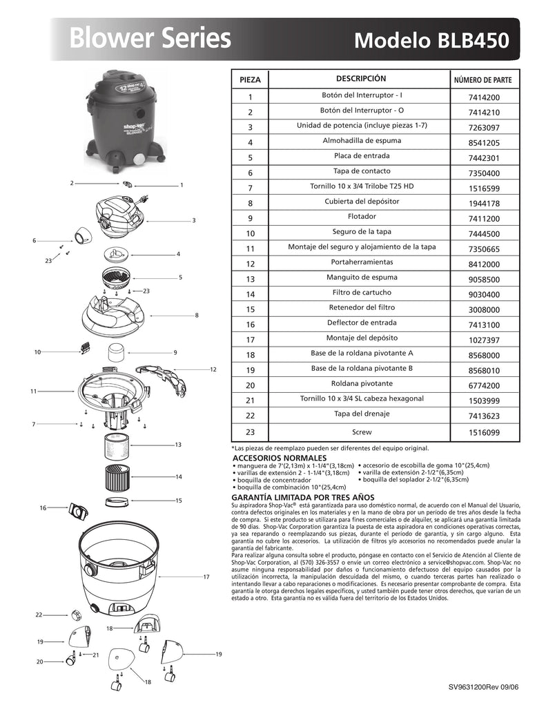 Shop-Vac Parts List for BLB450 Models (12 Gallon* Green / Black Blower Vac)