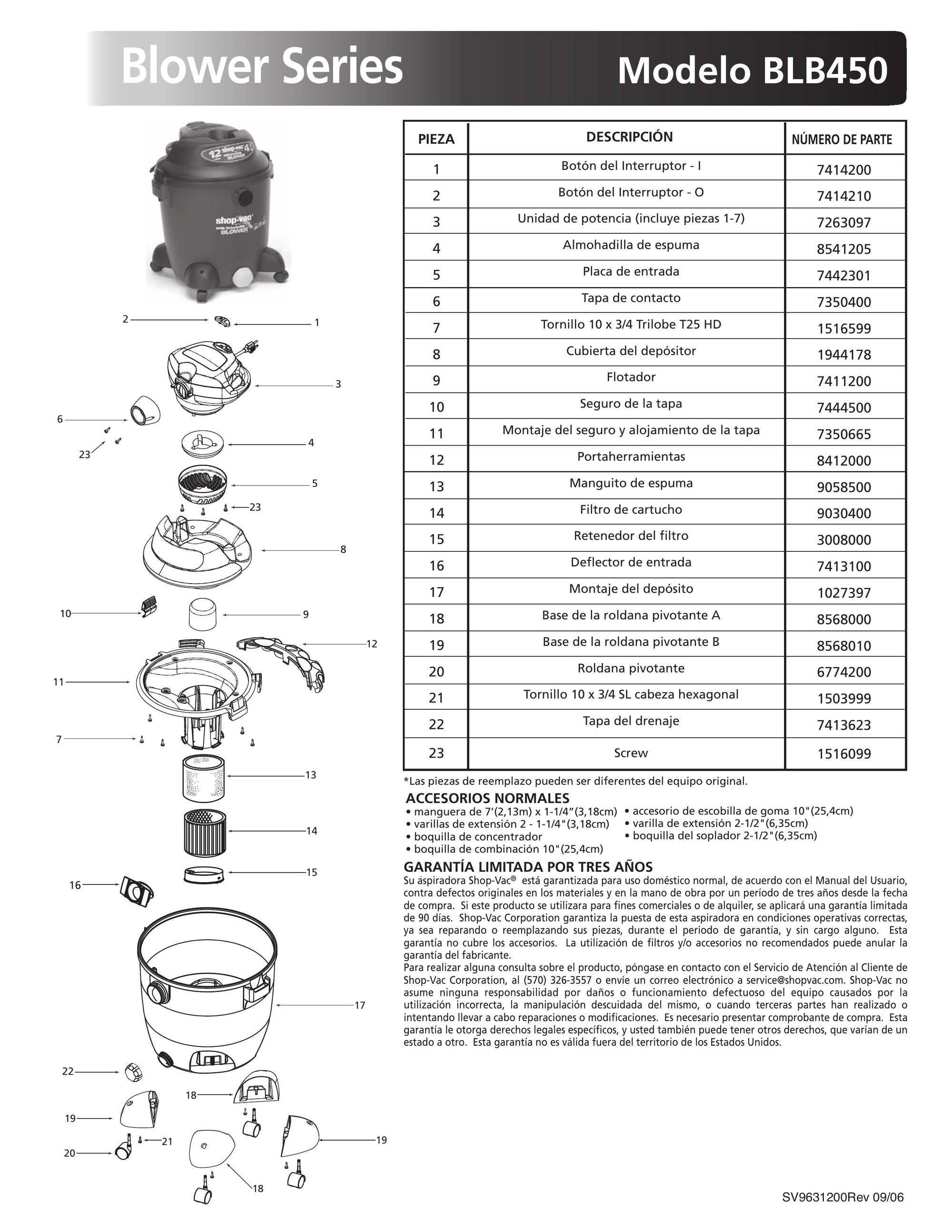ShopVac Parts List for BLB450 Models (12 Gallon* Green / Black Blower