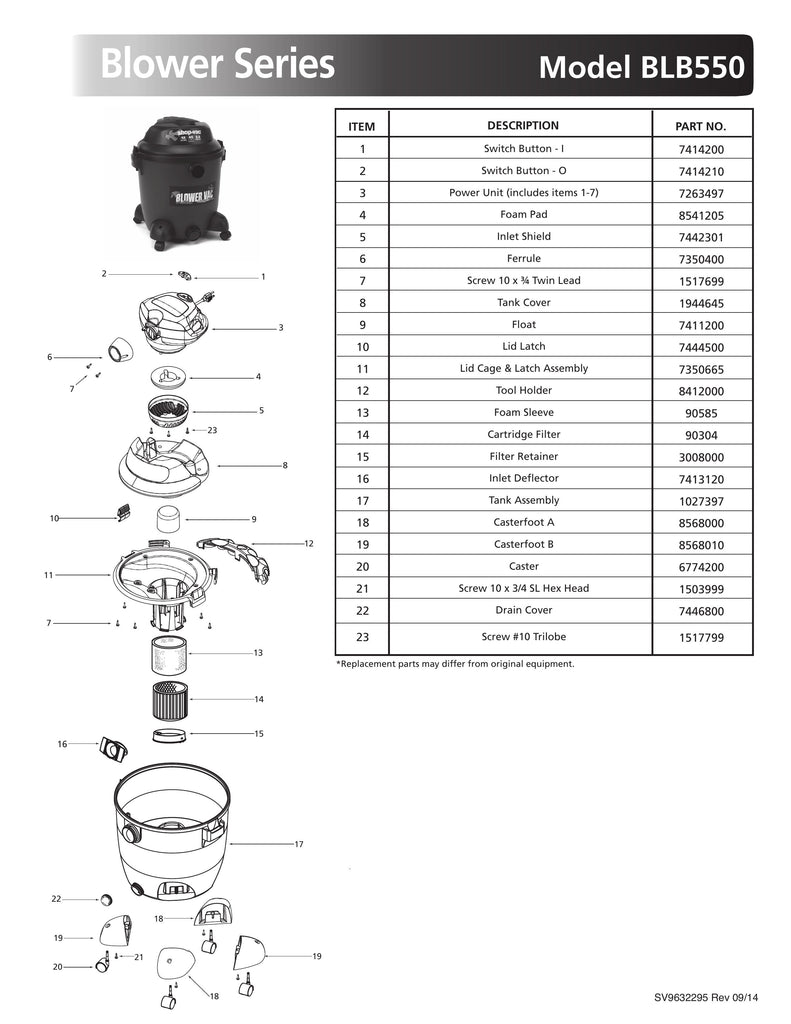 Shop-Vac Parts List for BLB550 Models (12 Gallon* Green / Black Blower Vac)