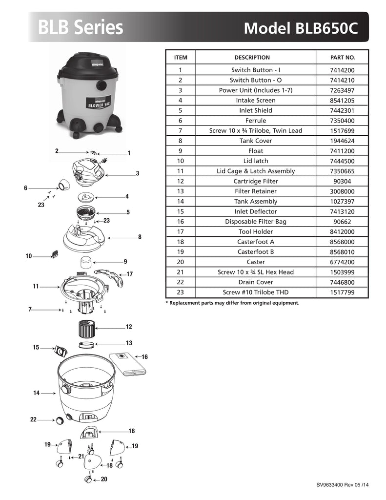 Shop-Vac Parts List for BLB650C Models (12 Gallon* Yellow / Black Blower Vac)