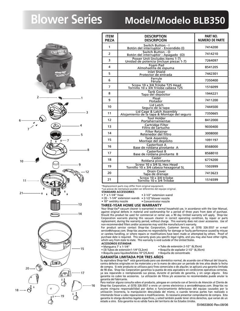 Shop-Vac Parts List for BLB350 Models (10 Gallon* Green / Black Blower Vac w/ Tank Drain)