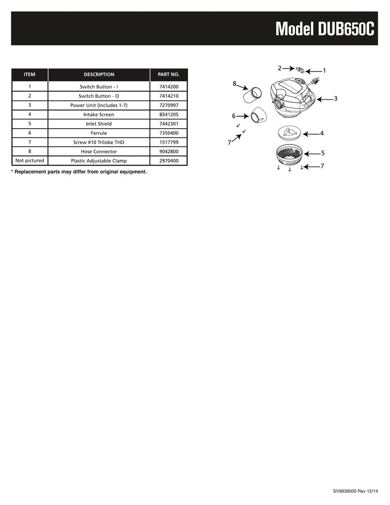 Shop-Vac Parts List for DUB650C Models (Auto Dryer)