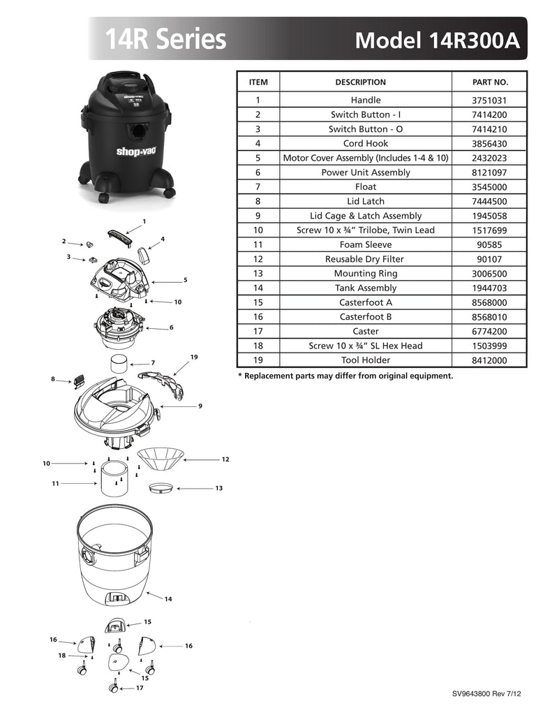 Shop-Vac Parts List for 14R300A Models (8 Gallon* Black Vac)