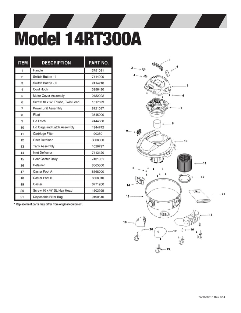 Shop-Vac Parts List for 14RT300A Models (6 Gallon* Yellow / Black Industrial Vac)