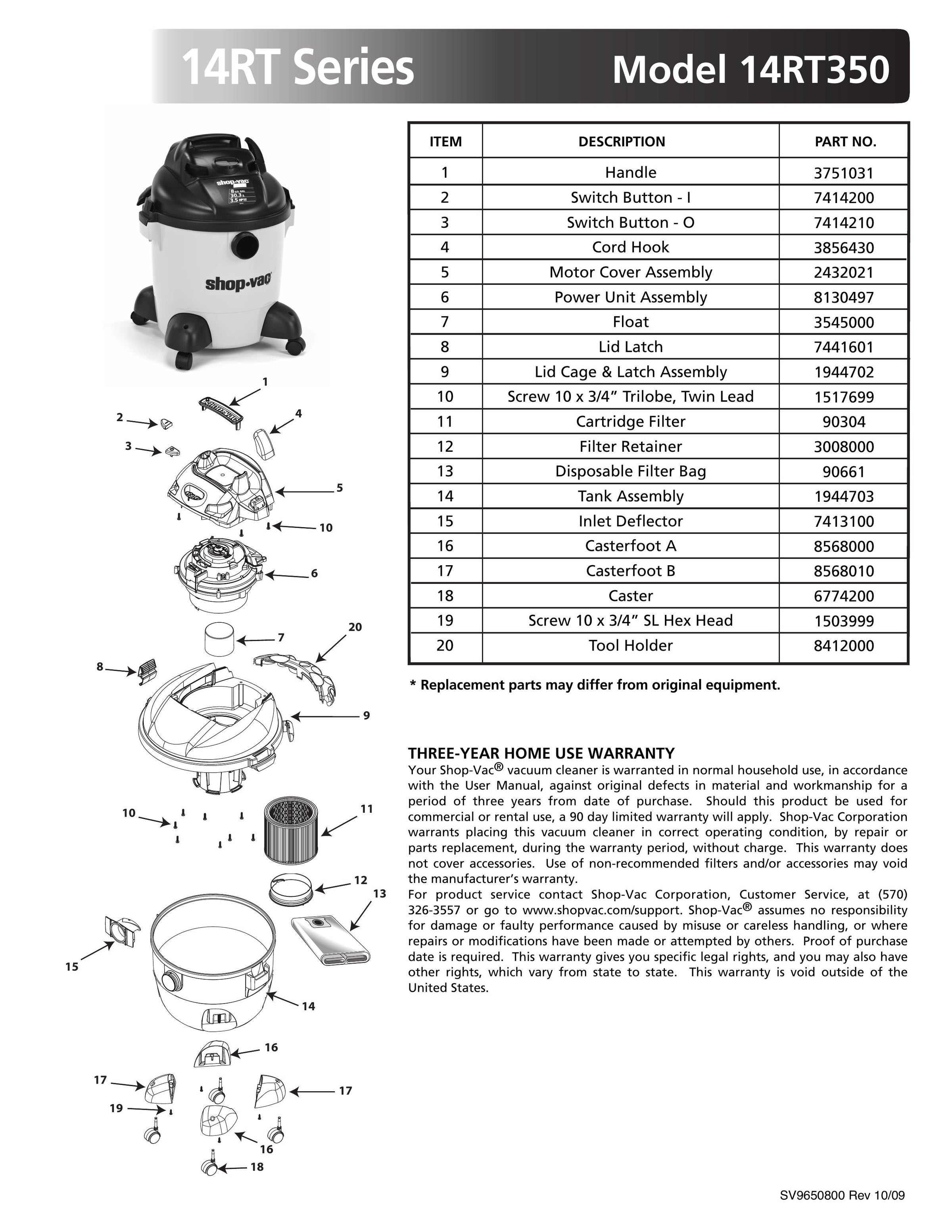 ShopVac Parts List for 14RT350 Models (8 Gallon* Yellow / Black Vac