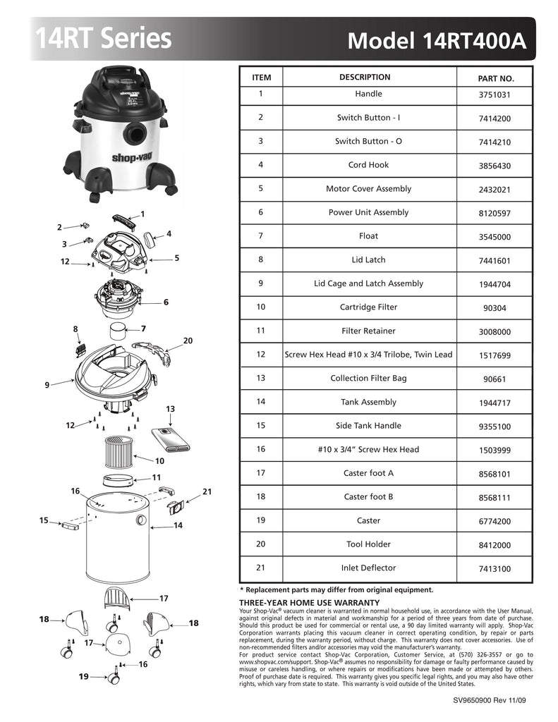 Shop-Vac Parts List for 14RT400A Models (8 Gallon* Black / Stainless Steel Vac)