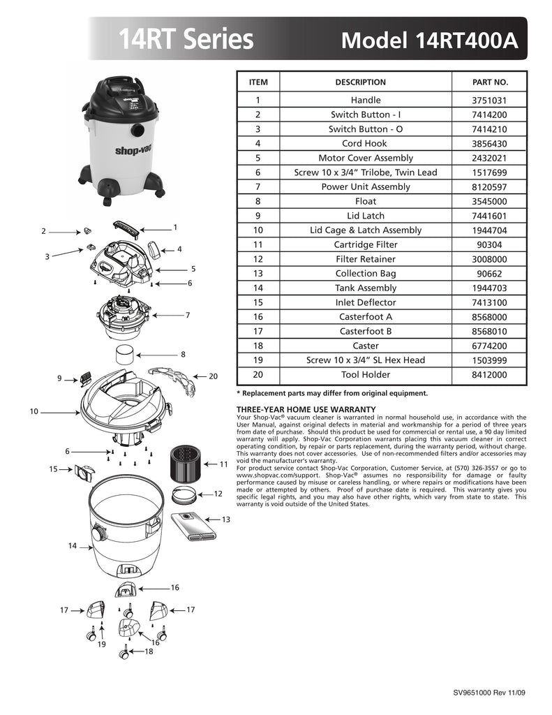 Shop-Vac Parts List for 14RT400A Models (10 Gallon* Yellow / Black Vac)