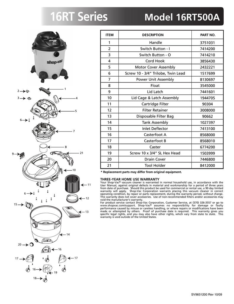 Shop-Vac Parts List for 16RT500A Models (12 Gallon* Yellow / Black Vac)