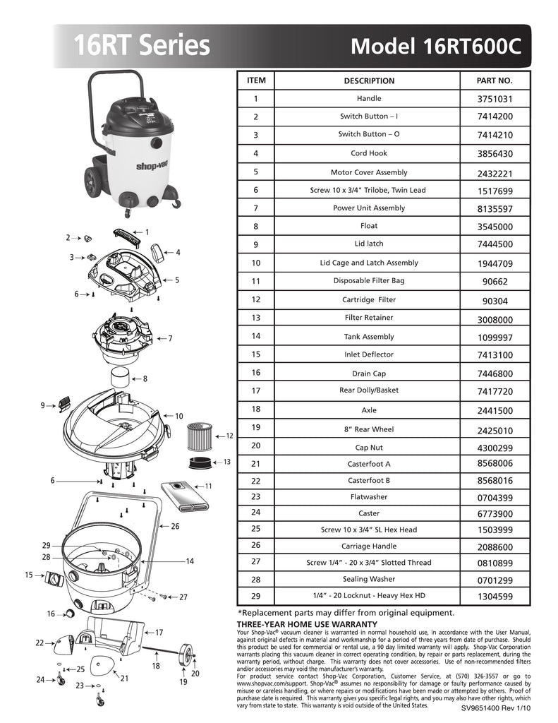 Shop-Vac Parts List for 16RT600C Models (14 Gallon* Yellow / Black Vac)
