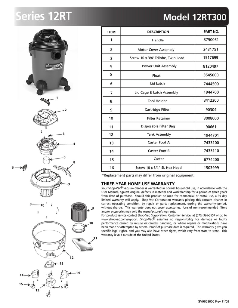 Shop-Vac Parts List for 12RT300 Models (6 Gallon* Red / Black Farm, Ranch and Home Vac)