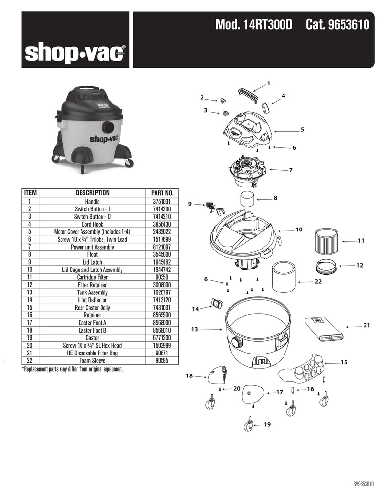 Shop-Vac Parts List for 14RT300D Models (Shop-Vac 6 Gallon* 3.0 Peak HP** Contractor Wet/Dry Vac)