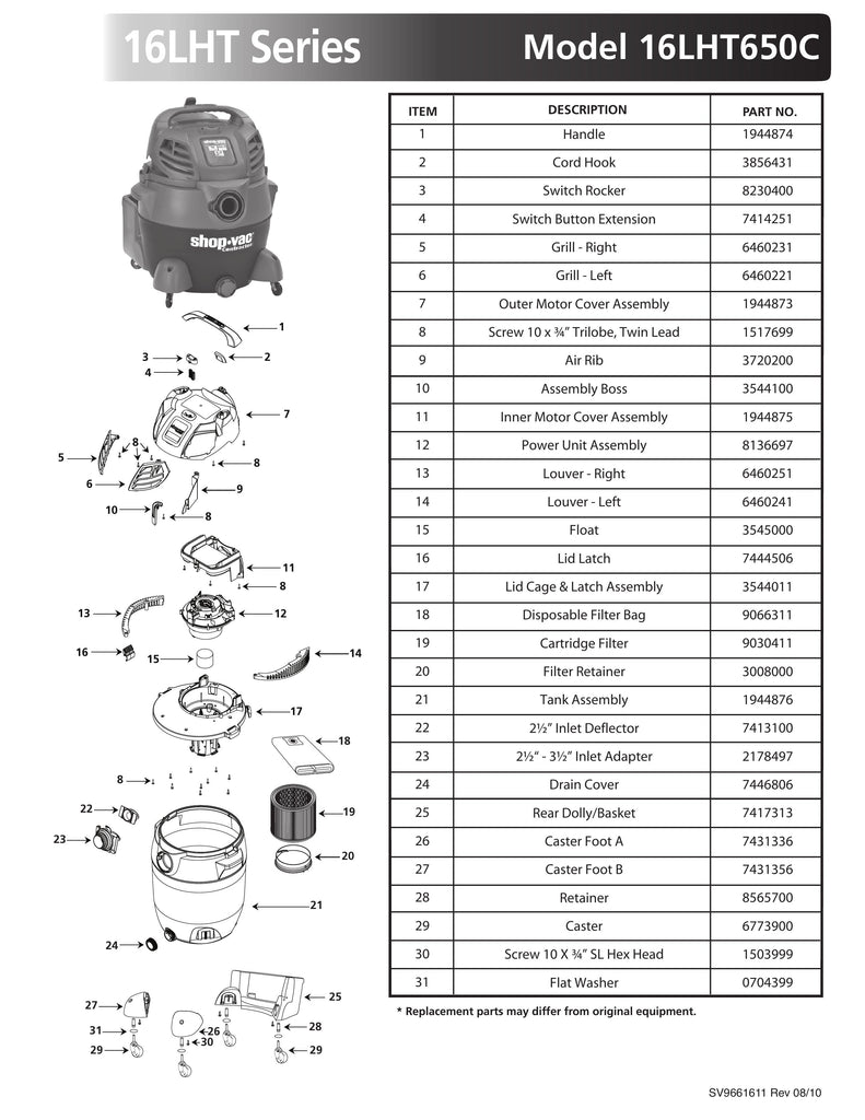 Shop-Vac Parts List for 16LHT650C Models (16 Gallon* Blue / Gray Vac)