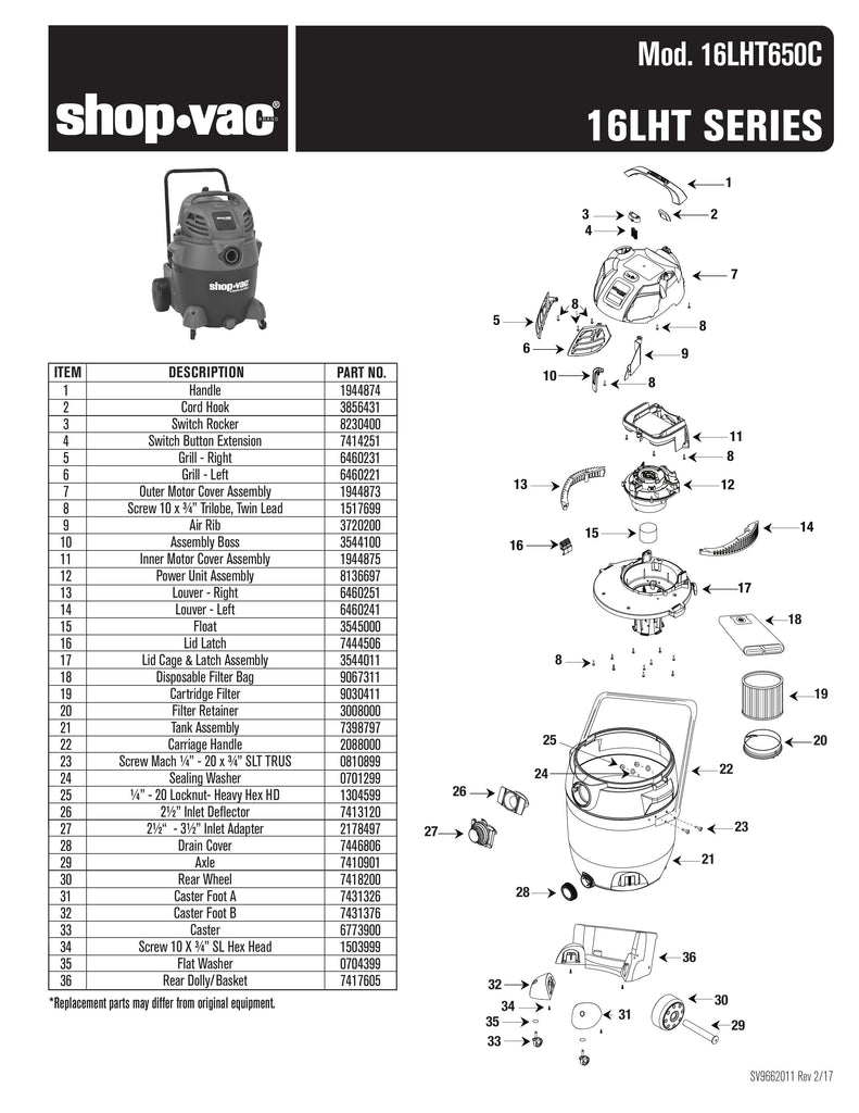 Shop-Vac Parts List for 16LHT650C Models (20 Gallon* Blue / Gray Vac)