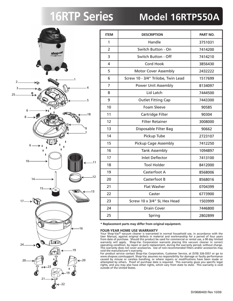 Shop-Vac Parts List for 16RTP550A Models (14 Gallon* Yellow / Black Pump Vac)