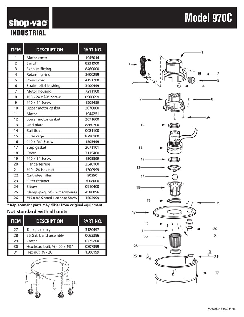 Shop-Vac Parts List for 970C Models (55 Gallon* Yellow / Black Industrial Two-Stage Drum Vac)