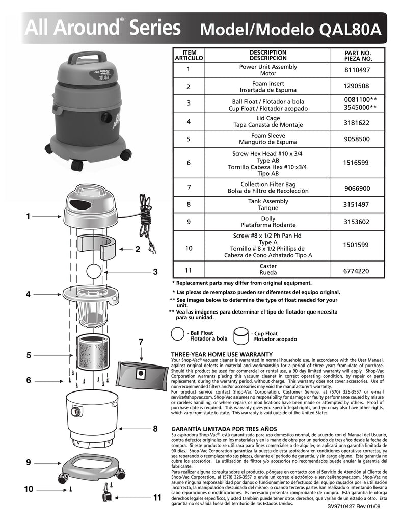 Shop-Vac Parts List for QAL80A Models (3 Gallon* Blue / Gray AllAround® Vac w/ Foam Sleeve and Collection Bag)
