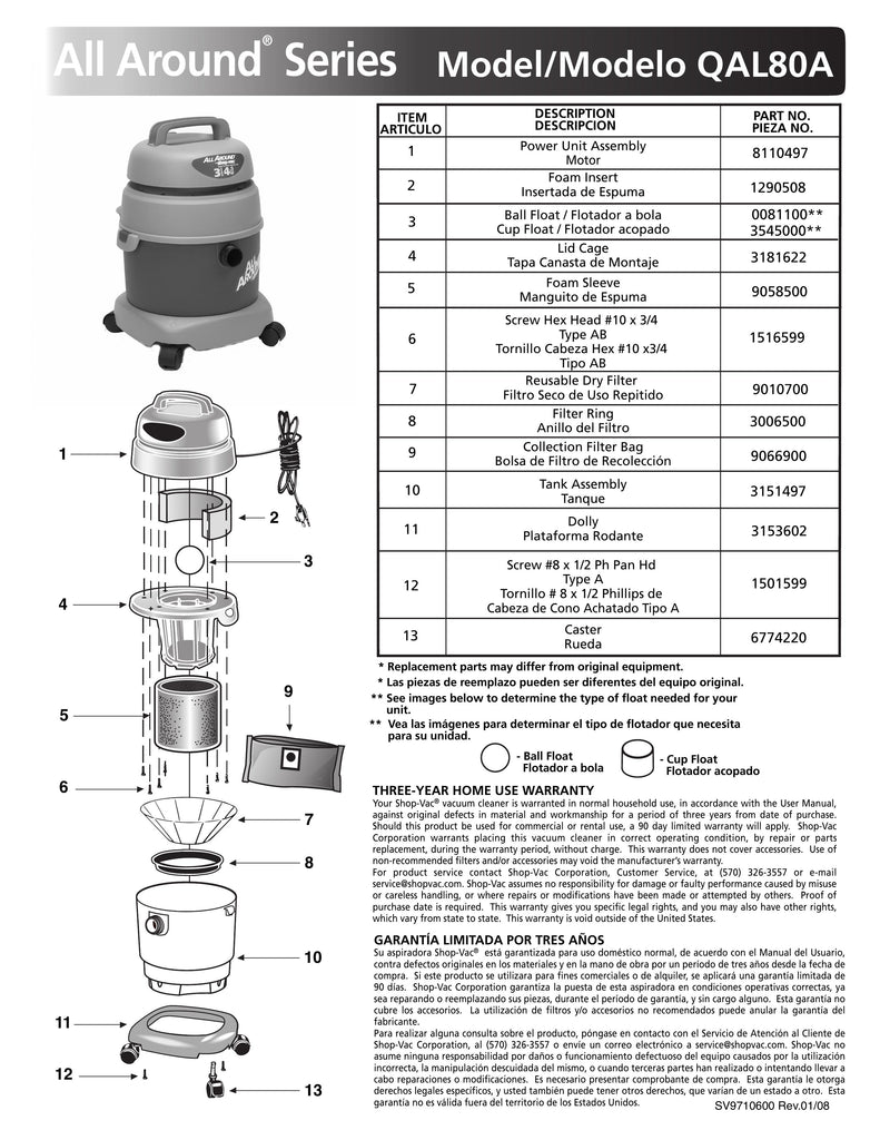 Shop-Vac Parts List for QAL80A Models (3 Gallon* Blue / Gray AllAround® Vac w/ Reusable Dry Filter and Collection Bag)