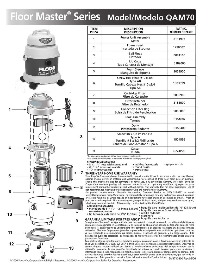 Shop-Vac Parts List for QAM70 Models (2 Gallon* Burgundy / Gray AllAround® Vac w/ Cartridge Filter and Collection Bag)
