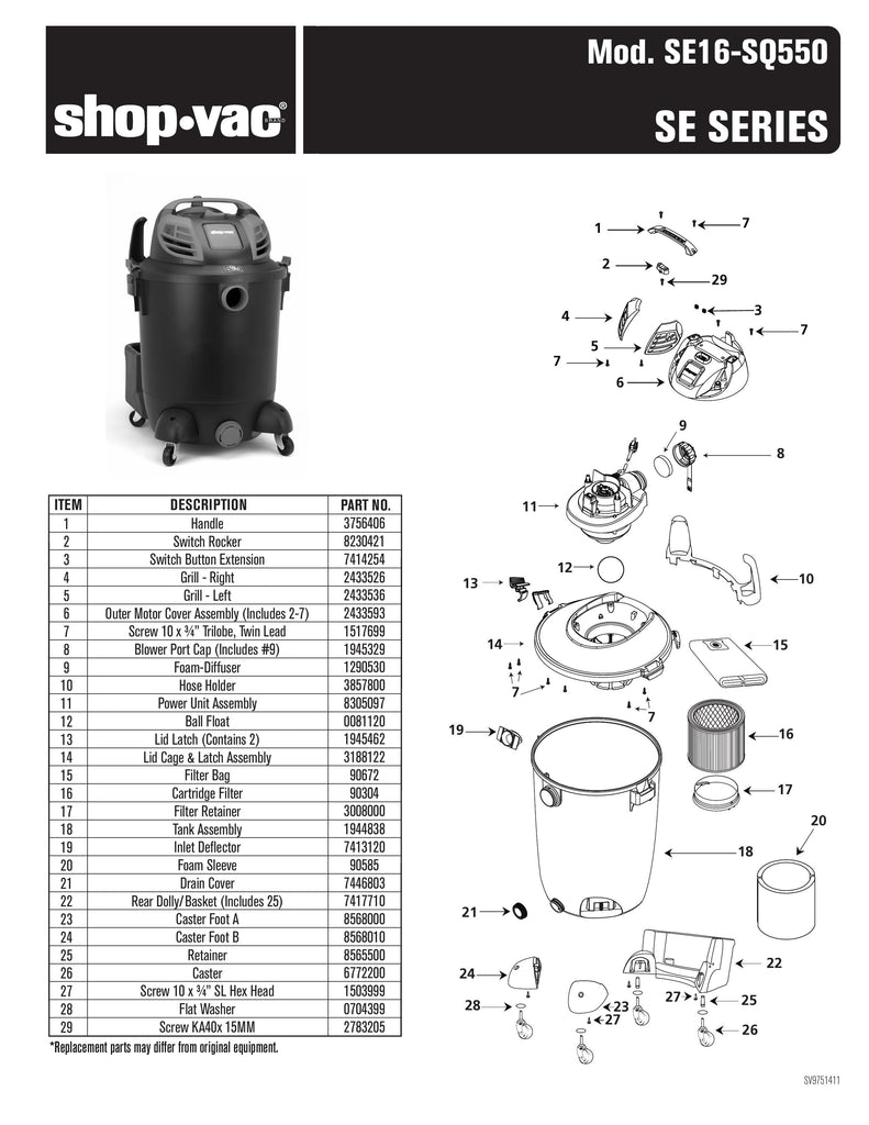 Shop-Vac Parts List for SE16-SQ550 Models (14 Gallon* Black / Red Vac with SVX2 Motor Technology)