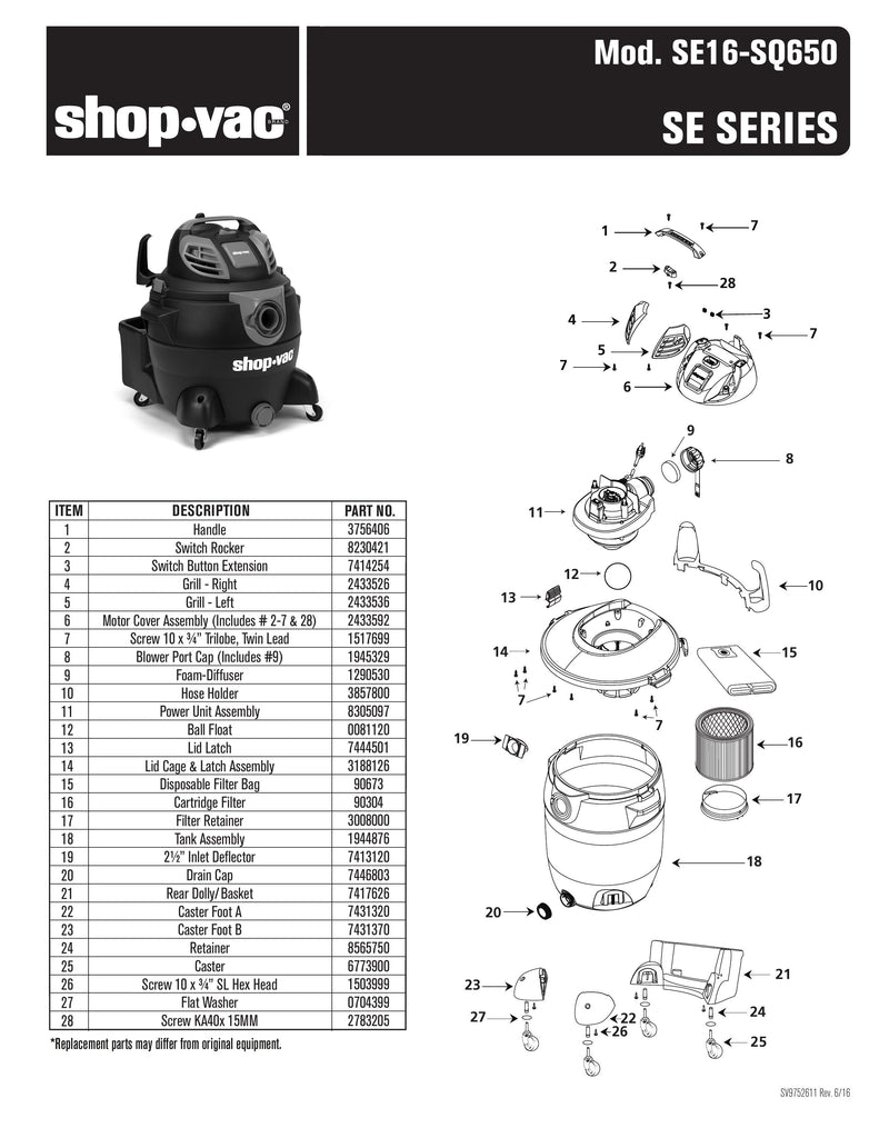 Shop-Vac Parts List for SE16-SQ650 Models (16 Gallon* Black / Red Vac)