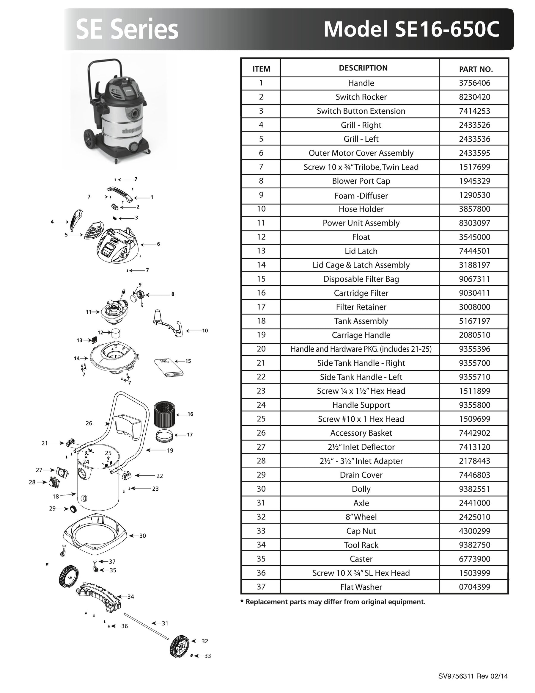 ShopVac Parts List for SE16650C Models (16 Gallon* Black / Red Stain ShopVac Store