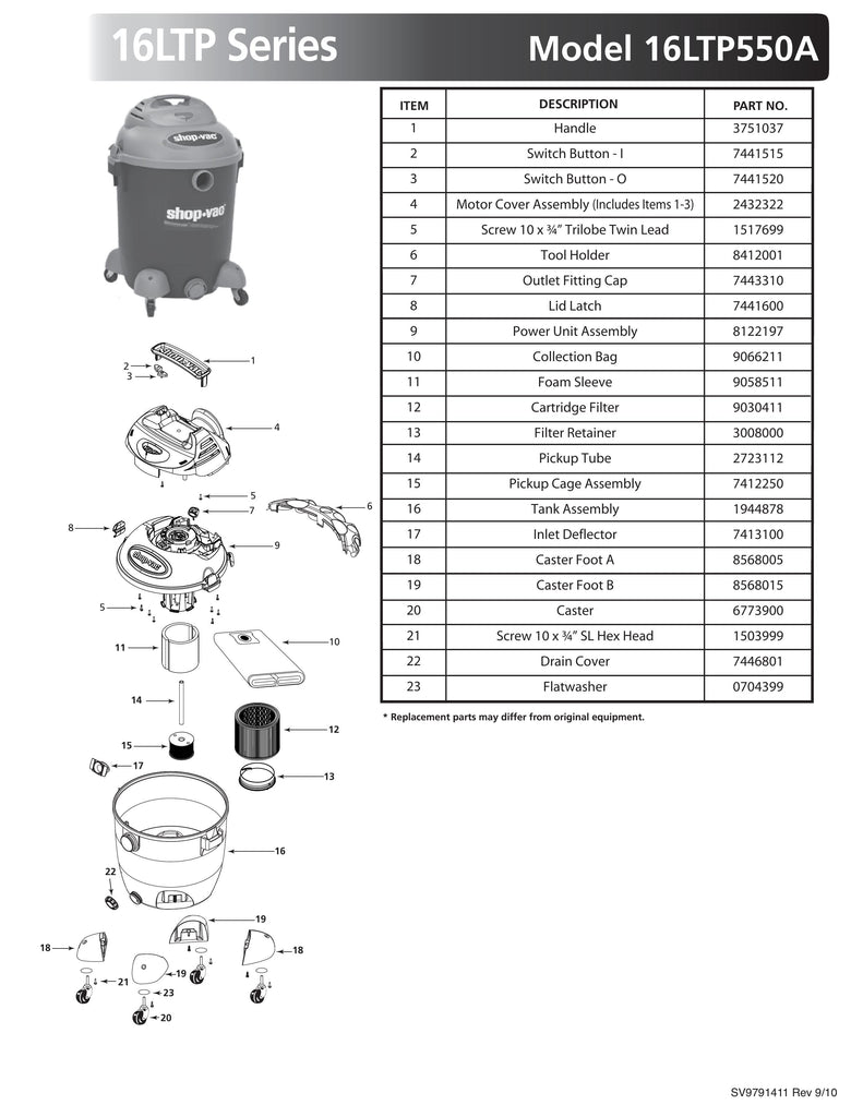 Shop-Vac Parts List for 16LTP550A Models (14 Gallon* Blue / Gray Pump Vac)