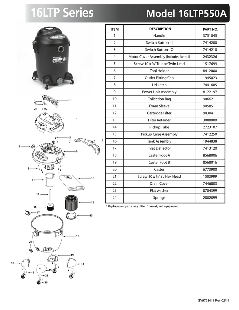 Shop-Vac Parts List for 16LTP550A Models (14 Gallon* Black / Red Pump Vac)