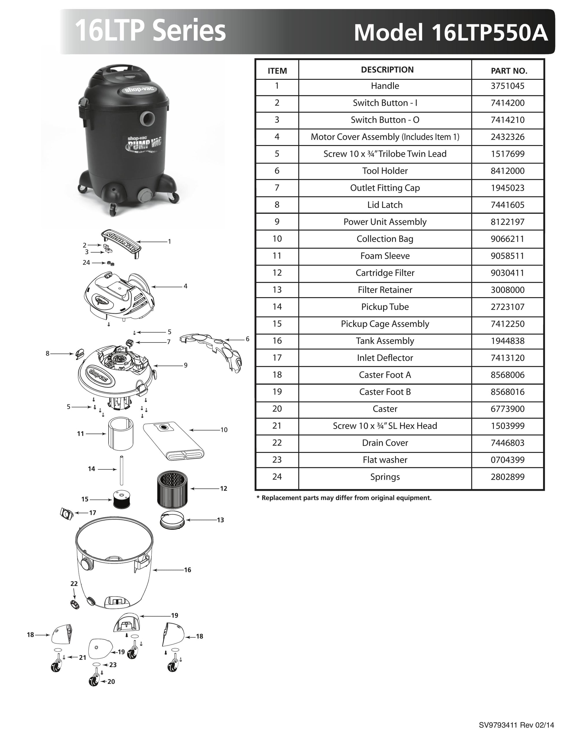 ShopVac Parts List for 16LTP550A Models (14 Gallon* Black / Red Pump