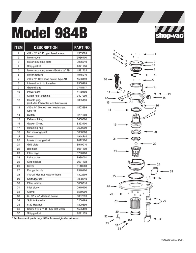 Shop-Vac Parts List for 984B Models (Head Assembly)