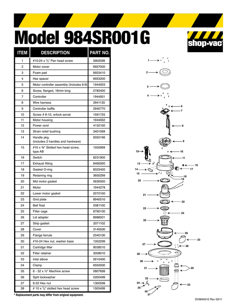 Shop-Vac Parts List for 984SR001G Models (Head Assembly)