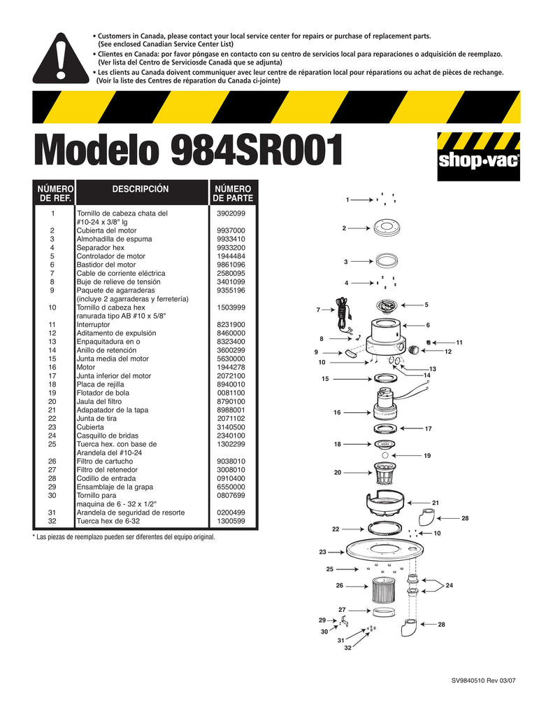 Shop-Vac Parts List for 984SR001 Models (Head Assembly)