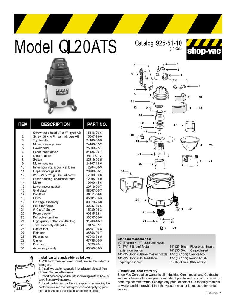 Shop-Vac Parts List for QL20ATS Models (10 Gallon* Yellow / Black Industrial Vac)