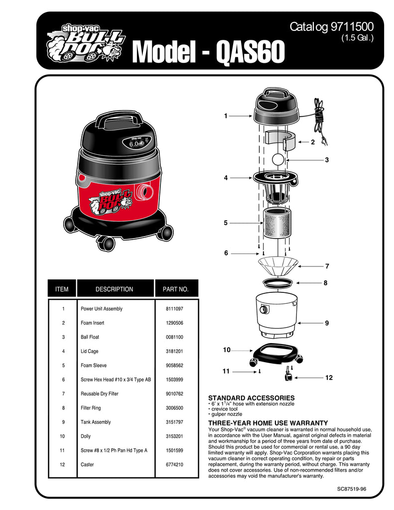 Shop-Vac Parts List for QAS60 Models (1.5 Gallon* Red / Black BullDog® Vac)