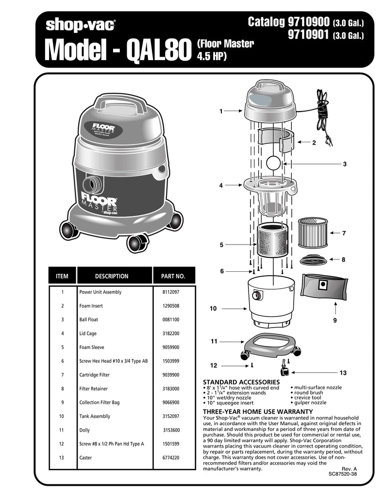Shop-Vac Parts List for QAL80 Models (3 Gallon* Blue / Gray FloorMaster® Vac w/ Cartridge Filter and Collection Bag)