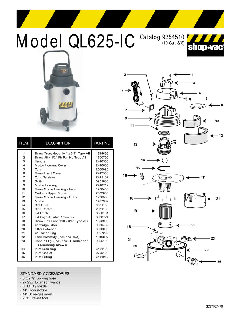 Shop-Vac Parts List for QL625-IC Models (10 Gallon* Black / Stainless Steel Industrial Vac)