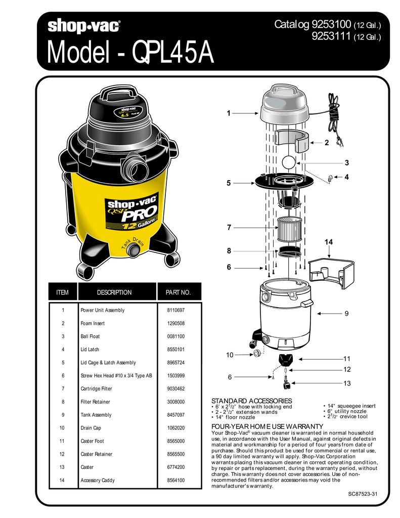 Shop-Vac Parts List for QPL45A Models (12 Gallon* Yellow / Black Vac)