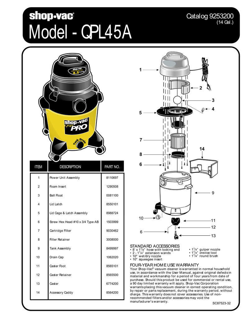 Shop-Vac Parts List for QPL45A Models (14 Gallon* Vac)