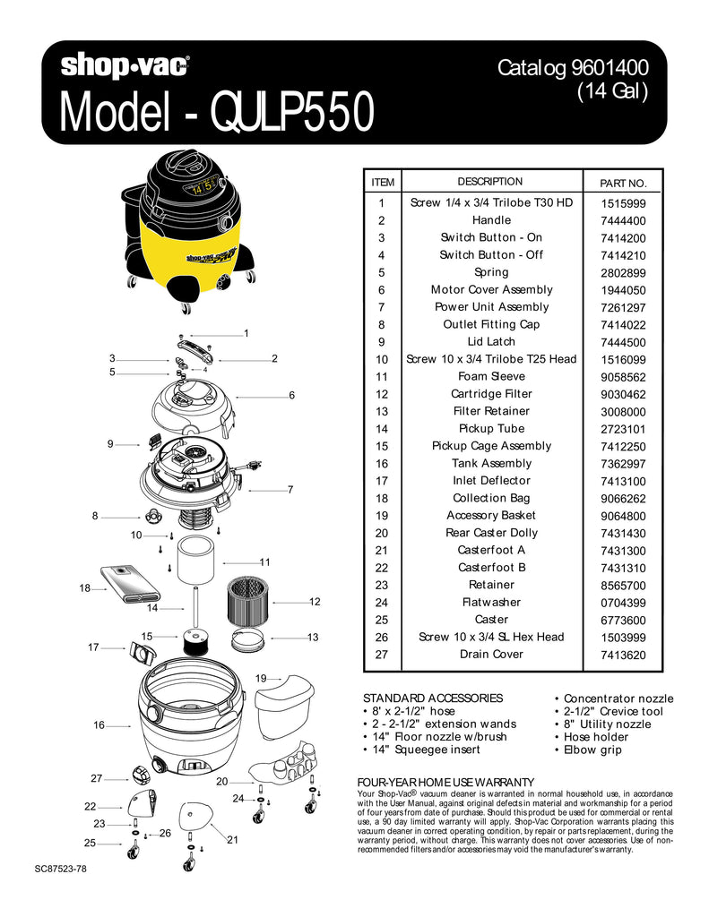 Shop-Vac Parts List for QULP550 Models (14 Gallon* Yellow / Black Vac)