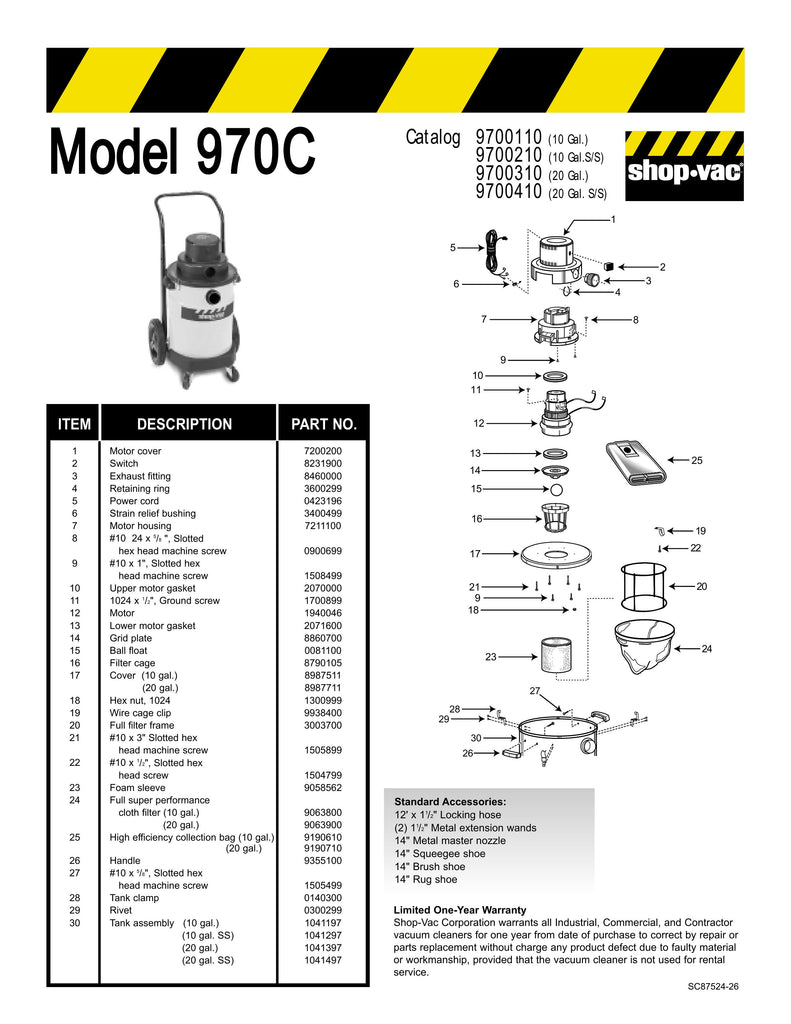 Shop-Vac Parts List for 970C Models (10 Gallon* Black / Yellow Metal Industrial Two-Stage Vac)