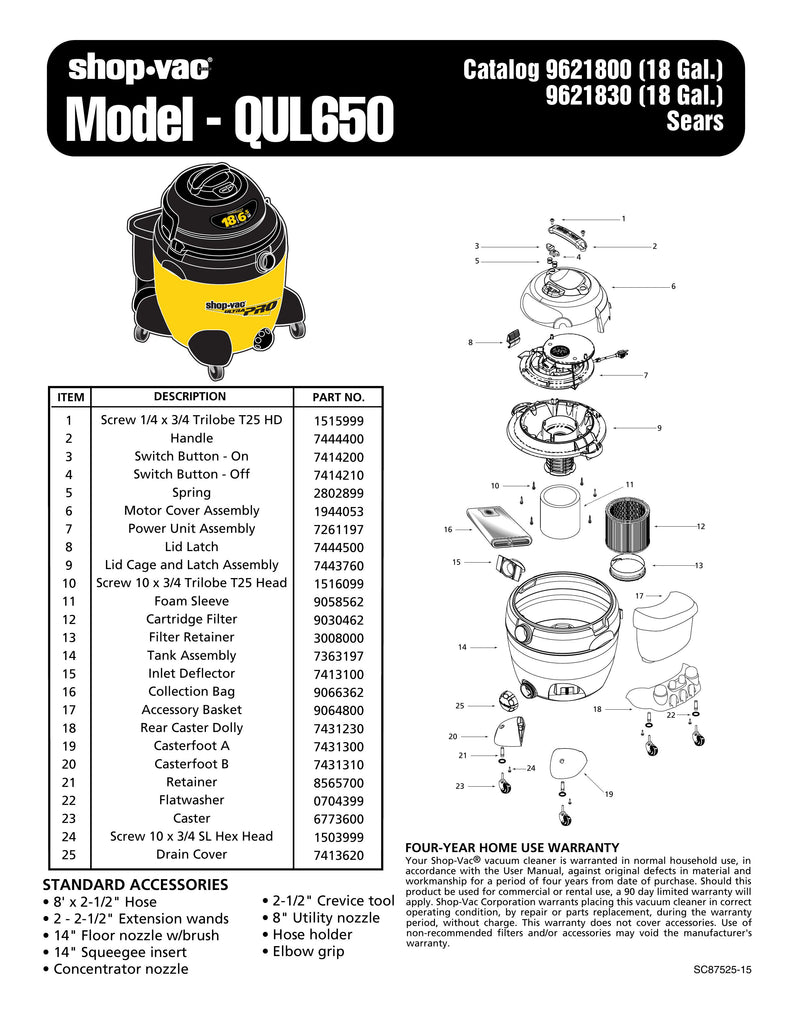 Shop-Vac Parts List for QUL650 Models (18 Gallon* Yellow / Black Vac)
