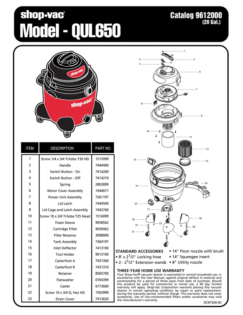 Shop-Vac Parts List for QUL650 Models (20 Gallon* Red / Black Vac)