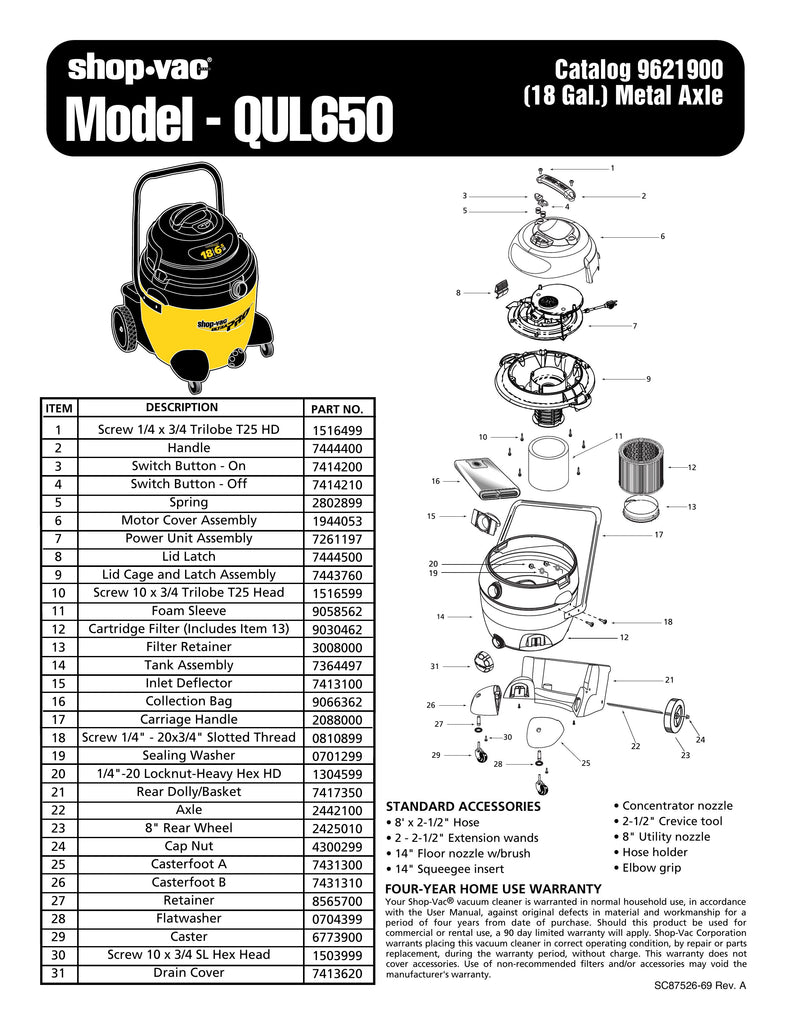 Shop-Vac Parts List for QUL650 Models (18 Gallon* Yellow / Black Vac w/ Transport Handle)