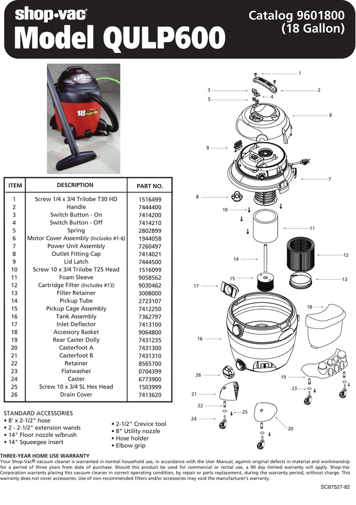 Shop-Vac Parts List for QULP600 Models (18 Gallon* Vac)
