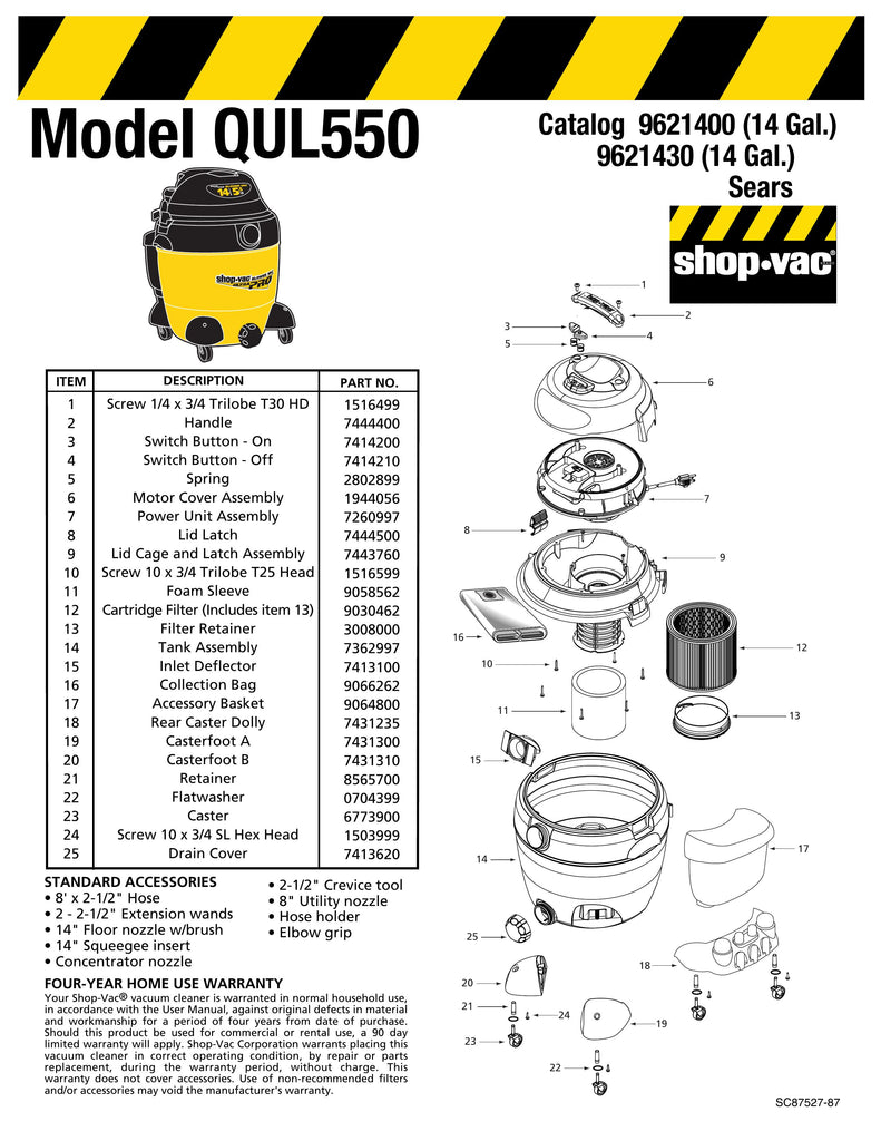 Shop-Vac Parts List for QUL550 Models (14 Gallon* Yellow / Black Vac)