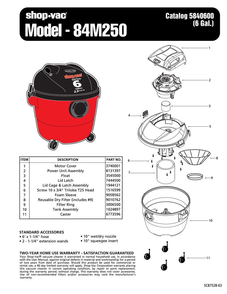 Shop-Vac Parts List for 84M250 Models (6 Gallon* Red / Black Vac w/Four Casters)