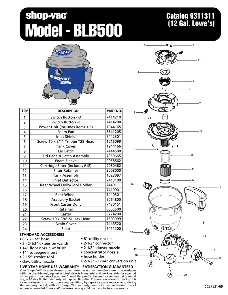 Shop-Vac Parts List for BLB500 Models (12 Gallon* Blue / Gray Blower Vac)