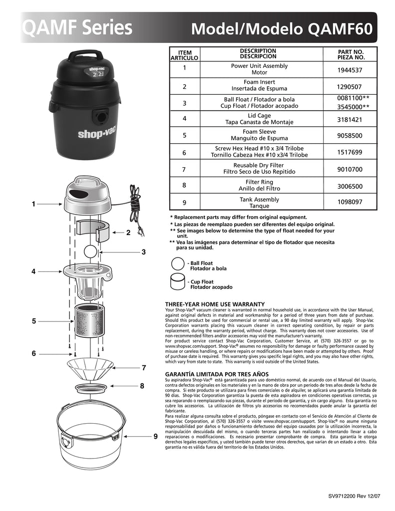 Shop-Vac Parts List for QAMF60 Models (2 Gallon* Red / Black Vac)
